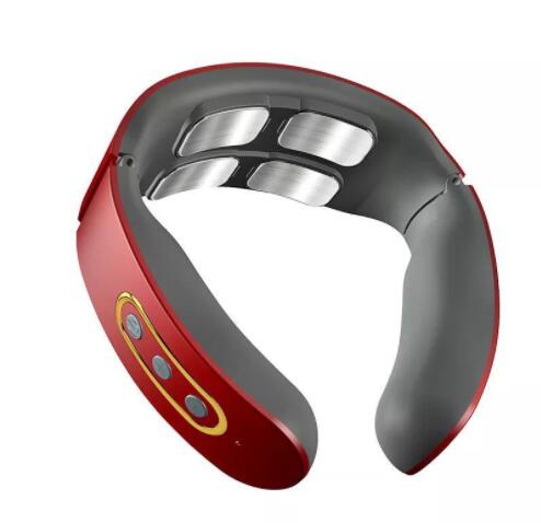 AXIOM Neck Reset red heated neck massager, side angle showing gold controls